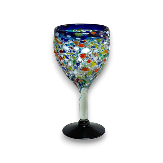 Hand Blown Mexican Wine Glasses | Blue Rim Confetti Design - handcrafted lead-free glass wine goblet with cobalt blue rim and colorful confetti pattern