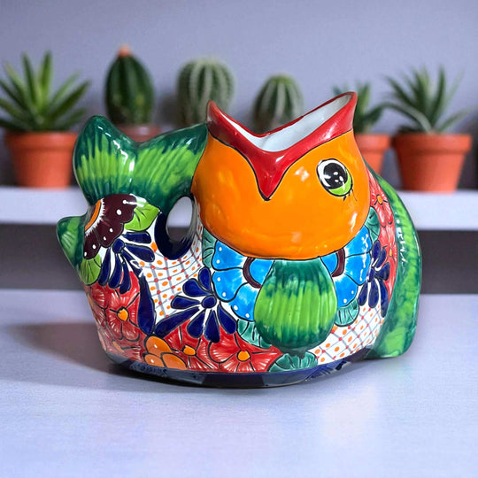 Rare XL Talavera Fish Planter | Hand-Painted Mexican Statue Pottery - vibrant hand-painted Talavera fish planter from Guanajuato, kiln-fired lead-free glaze