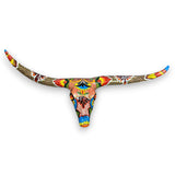 Talavera Longhorn Skull | Handmade Mexican Bull Wall Art - hand-painted Talavera colors on terracotta longhorn skull