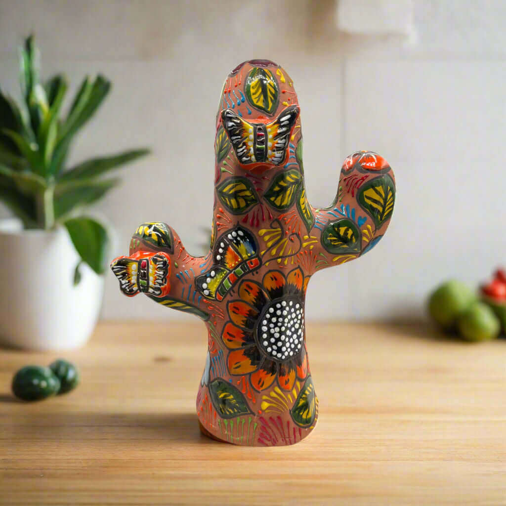 Talavera Cactus Statue | Colorful Handmade Mexican Art - hand-painted Talavera cactus with floral and butterfly details, kiln-fired lead-free glaze