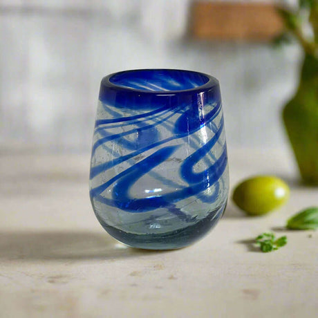 Mexican Stemless Wine Glass | Hand-Blown Blue Swirl - hand-blown lead-free glass with cobalt blue swirls, artisan craft from Guanajuato