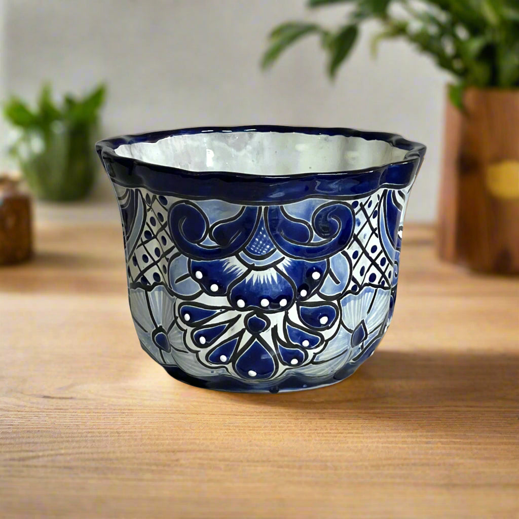 Talavera Flower Pot | Handcrafted Blue & White Mexican Ceramic
