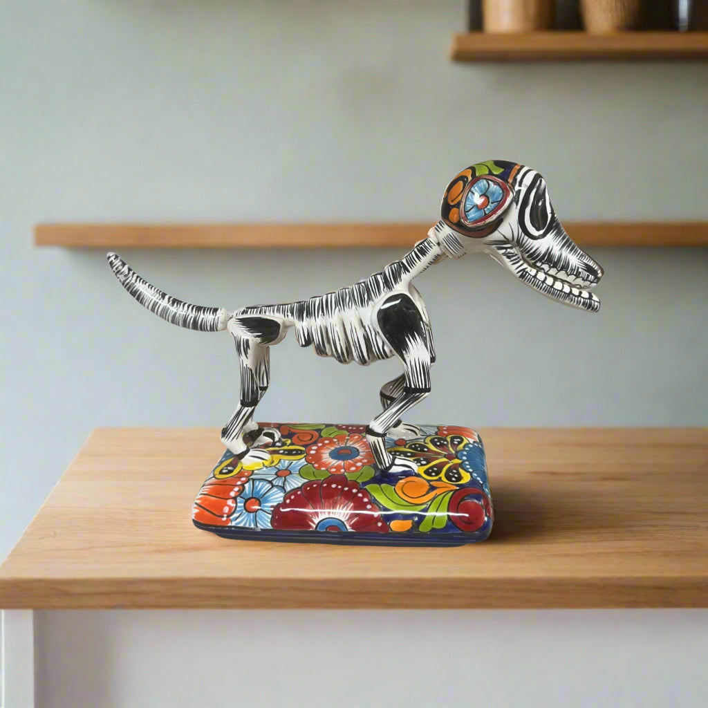 Colorful Talavera Skeleton Dog | Handmade Mexican Artistry