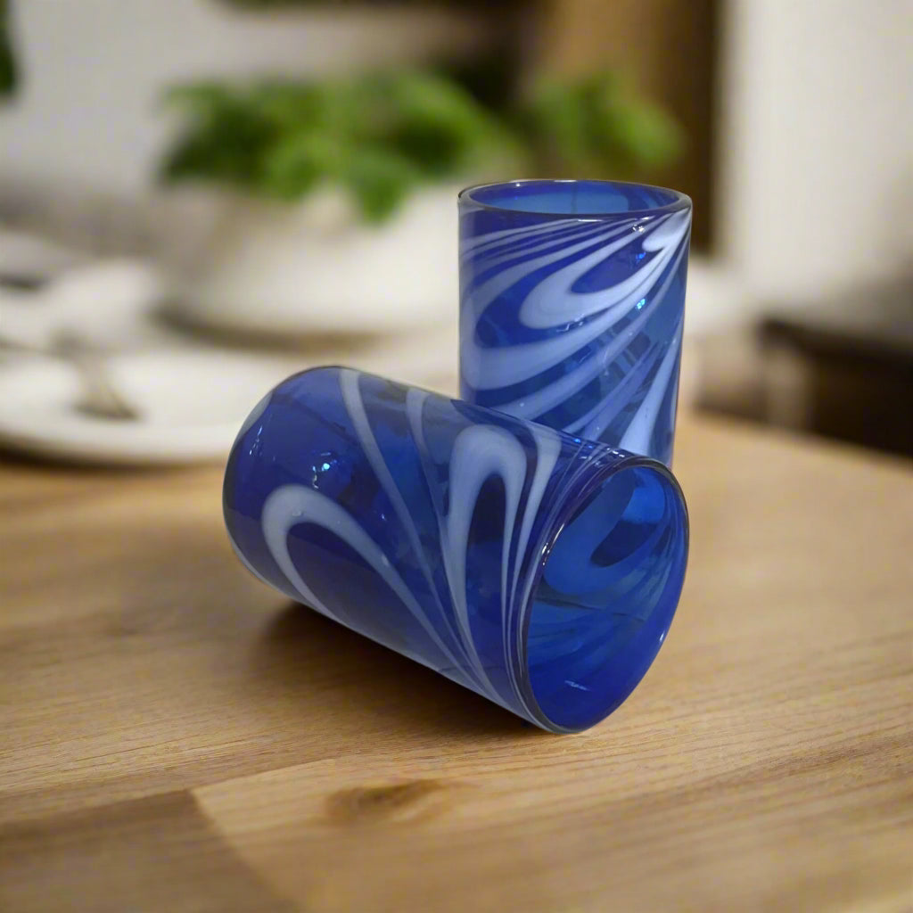 Handmade Mexican Drinking Glass | Blue with White Swirl