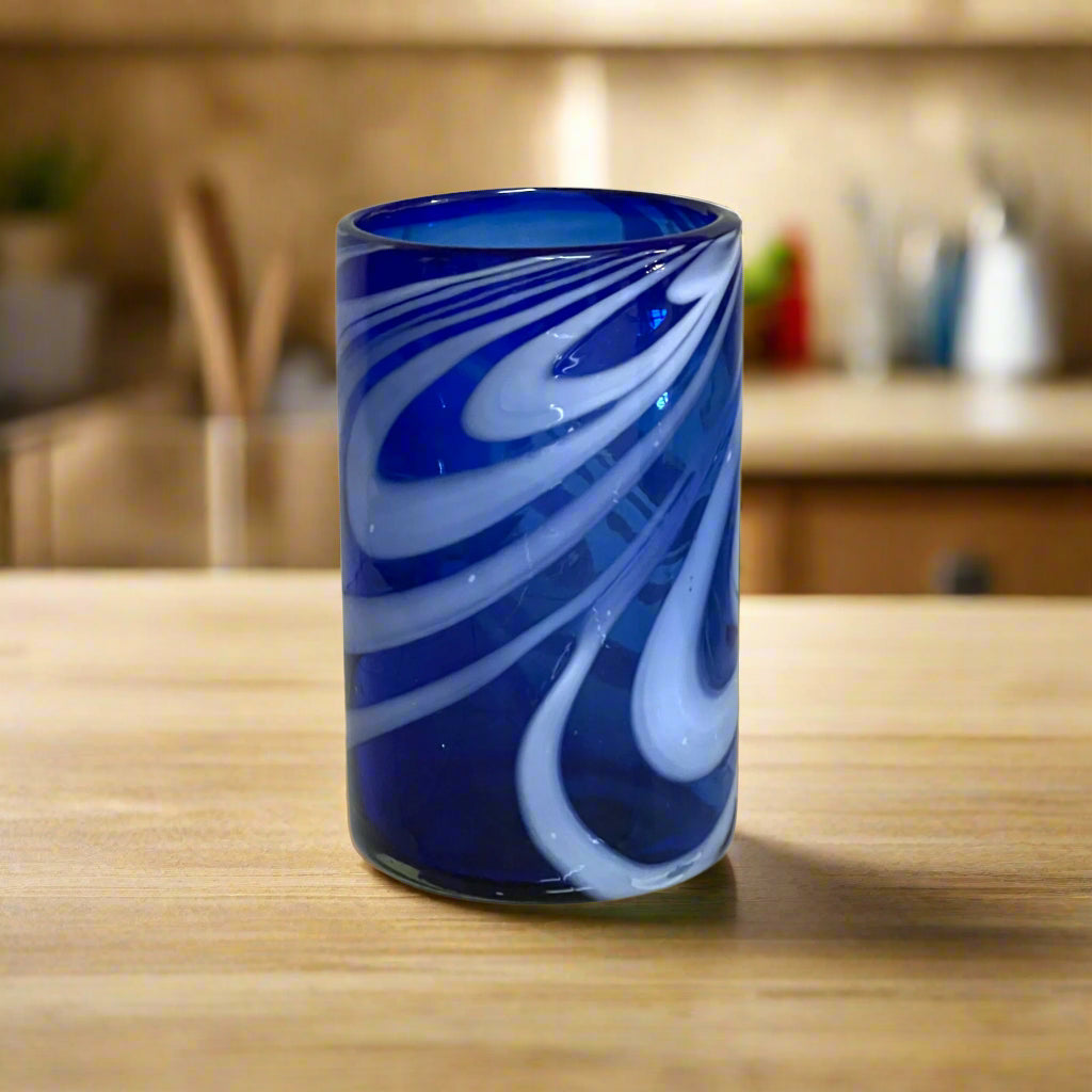 Handmade Mexican Drinking Glass | Blue with White Swirl