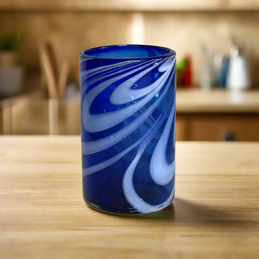 Handmade Mexican Drinking Glass | Blue with White Swirl