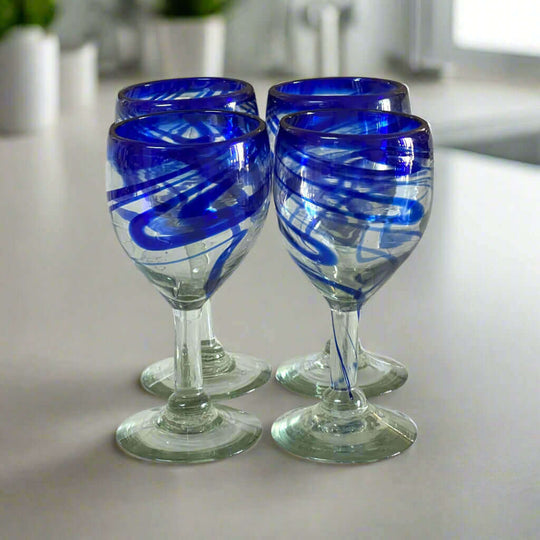 Hand-Blown Mexican Wine Glass | Cobalt Blue Swirl Goblet — set of four artisan hand-blown goblets with cobalt ribbon swirls, clear lead-free glass