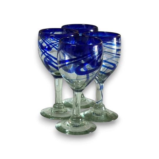 Hand-Blown Mexican Wine Glass | Cobalt Blue Swirl Goblet - set of four artisan hand-blown goblets with cobalt ribbon swirls