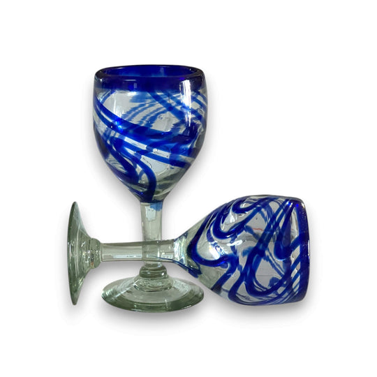 Hand-Blown Mexican Wine Glass | Cobalt Blue Swirl Goblet - handcrafted clear goblet with deep cobalt ribbon swirls, sturdy stem, artisan Mexican glassware