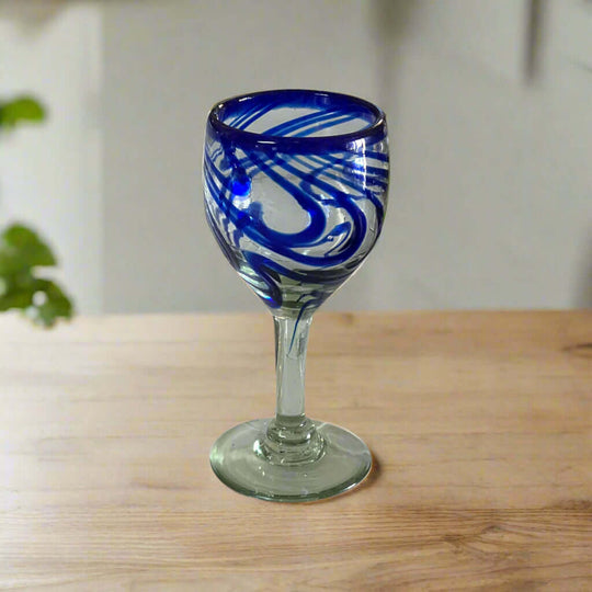 Hand-Blown Mexican Wine Glass | Cobalt Blue Swirl Goblet - artisan hand-blown goblet with cobalt ribbon swirls and clear stem