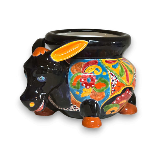 Vibrant Talavera Donkey Planter | Mexican Burro Pottery hand-painted floral ceramic donkey planter with glossy black accents