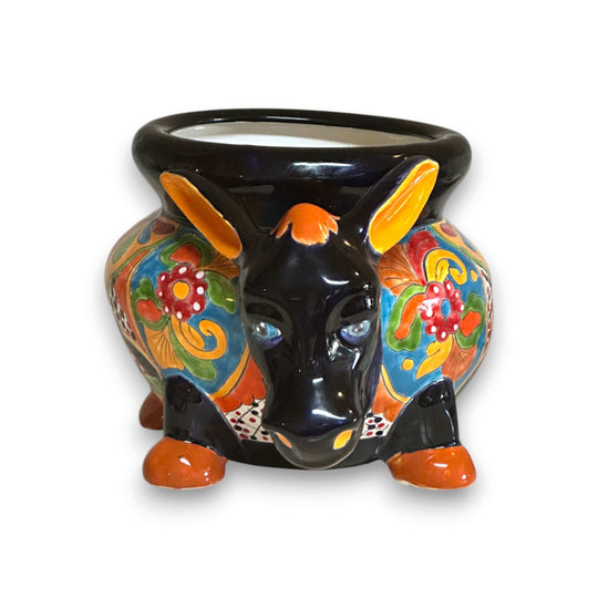 Vibrant Talavera Donkey Planter | Mexican Burro Pottery hand-painted floral ceramic donkey planter with glossy black accents