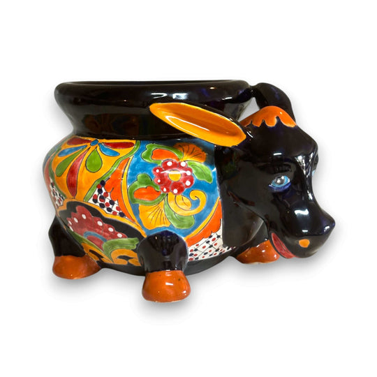 Vibrant Talavera Donkey Planter | Mexican Burro Pottery hand-painted floral Talavera donkey ceramic pot with glossy black accents
