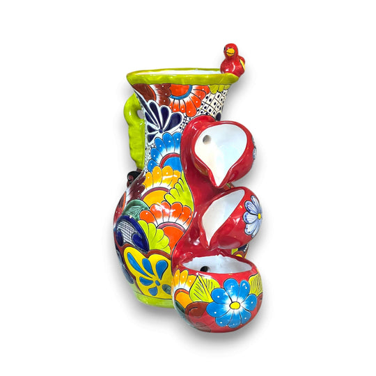 Colorful Talavera Tabletop Fountain | Mexican Folk Art Decor - hand-painted cascading pitcher fountain with bright floral Talavera motifs