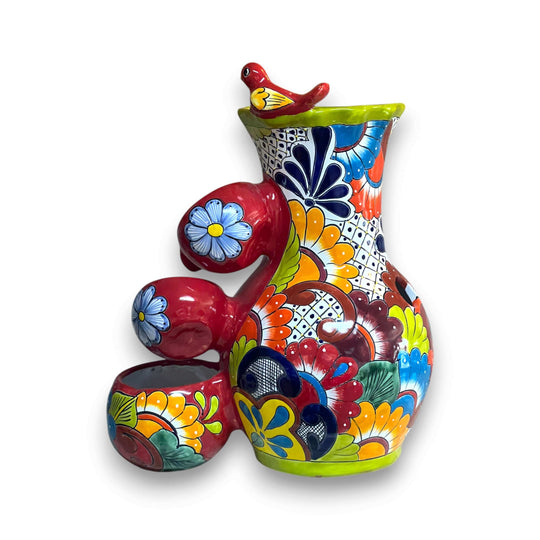 Colorful Talavera Tabletop Fountain | Mexican Folk Art Decor - hand-painted cascading pitcher with vivid floral motifs and bird accent