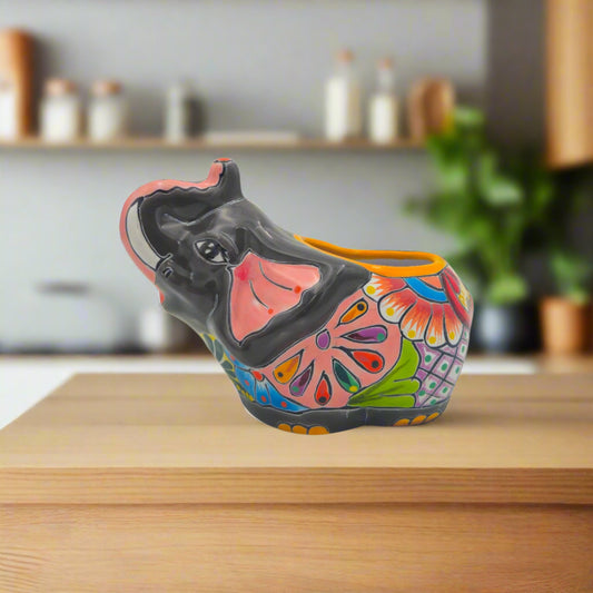 Talavera Elephant Planter | Hand-Painted Gray Ceramic Pot