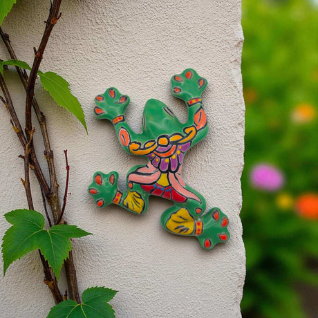 Hand-Painted Talavera Frog | Mexican Wall Art Figurine — colorful hand-painted Talavera frog wall figurine from Guanajuato, kiln-fired lead-free glaze (garden decor)