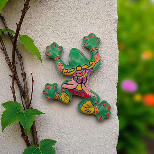 Hand-Painted Talavera Frog | Mexican Wall Art Figurine — colorful hand-painted Talavera frog wall figurine from Guanajuato, kiln-fired lead-free glaze (garden decor)