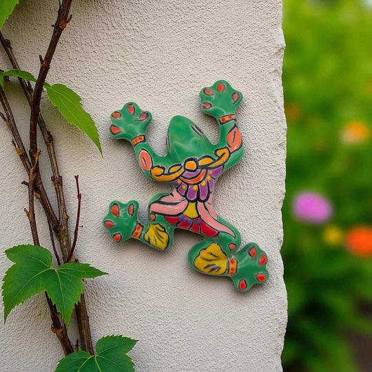 Hand-Painted Talavera Frog | Mexican Wall Art Figurine — colorful hand-painted Talavera frog wall figurine from Guanajuato, kiln-fired lead-free glaze (garden decor)