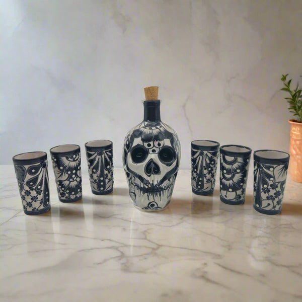 Talavera Skull Decanter with 6 Shot Glasses | Mexican Bar Set