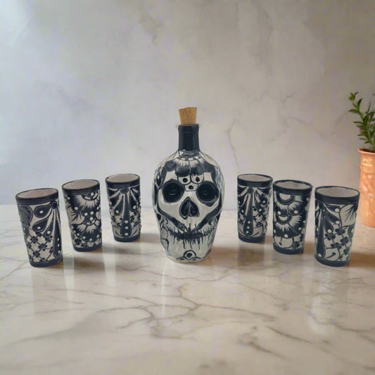 Talavera Skull Decanter with 6 Shot Glasses | Mexican Bar Set