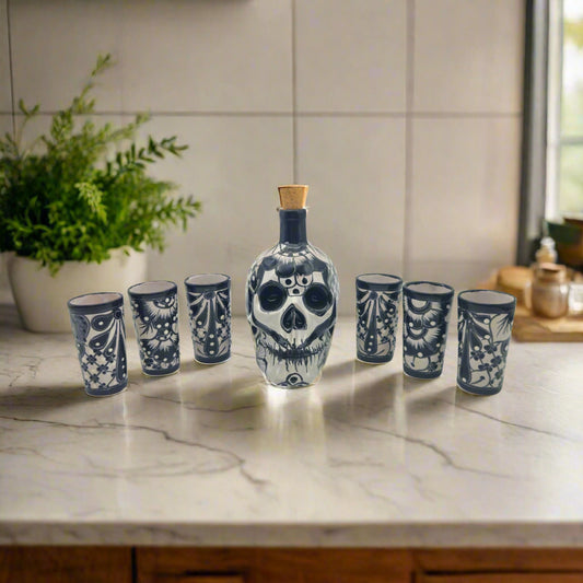 Talavera Skull Decanter with 6 Shot Glasses | Mexican Bar Set