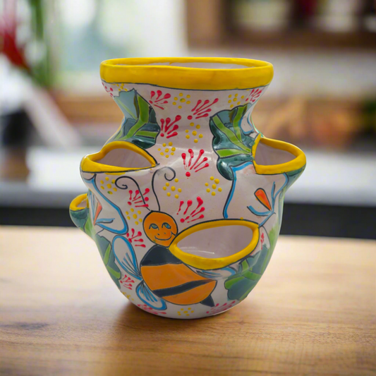 Handcrafted Talavera Strawberry Pot | Bumble Bee Garden Planter