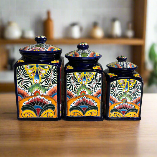 Cobalt Blue Talavera Canister Trio | Mexican Hand-Painted Storage