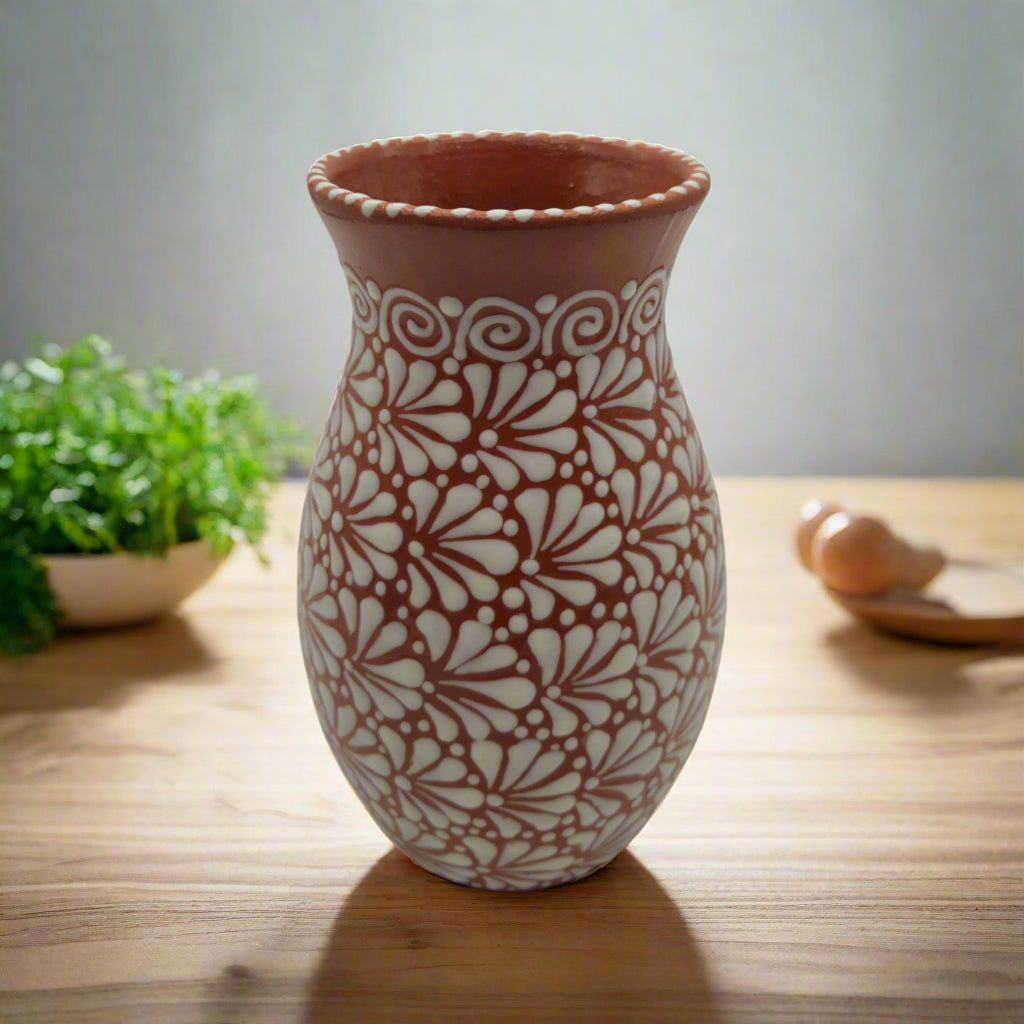 Handcrafted Talavera Vase | Brown & White Relief Pottery