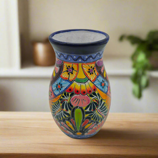 Cobalt Rim Talavera Vase | Multicolor Mexican Pottery