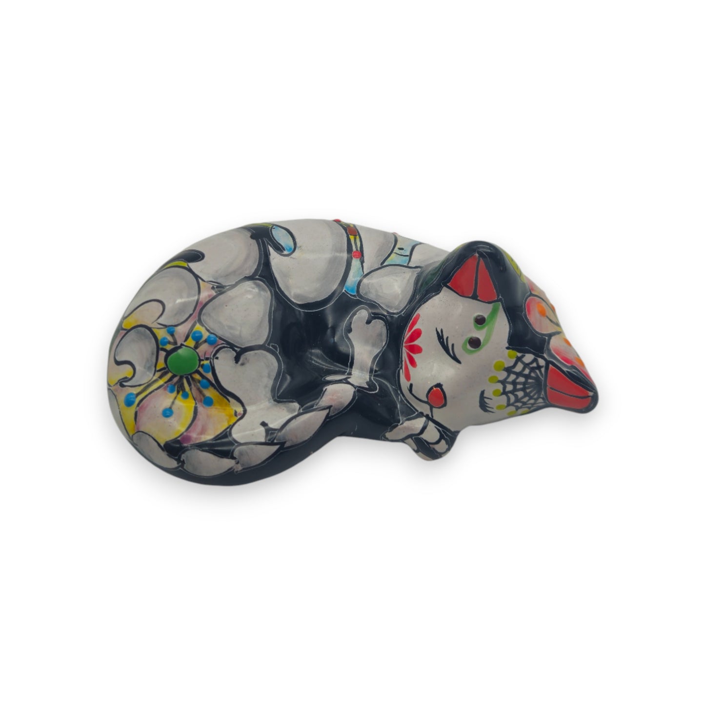 Talavera Sleeping Cat Figurine | Hand-Painted Mexican Decor
