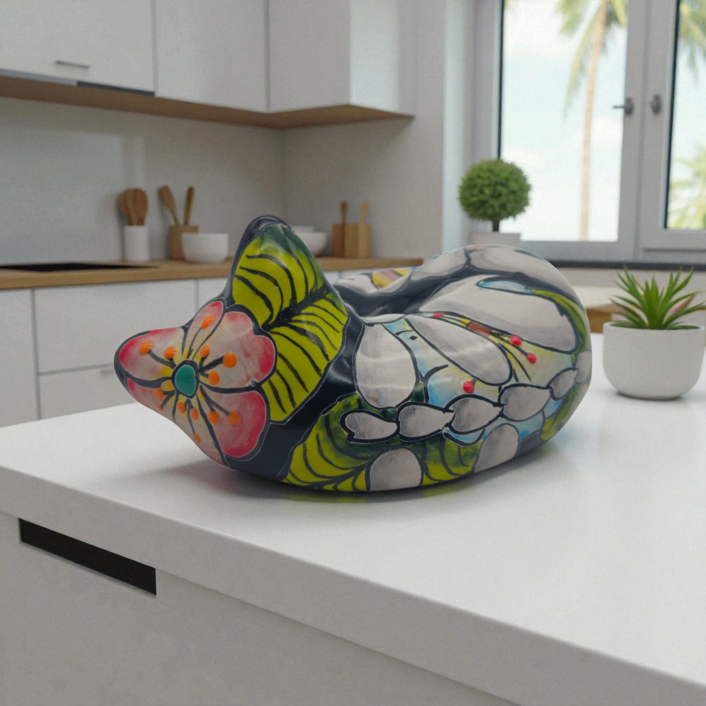Talavera Sleeping Cat Figurine | Hand-Painted Mexican Decor