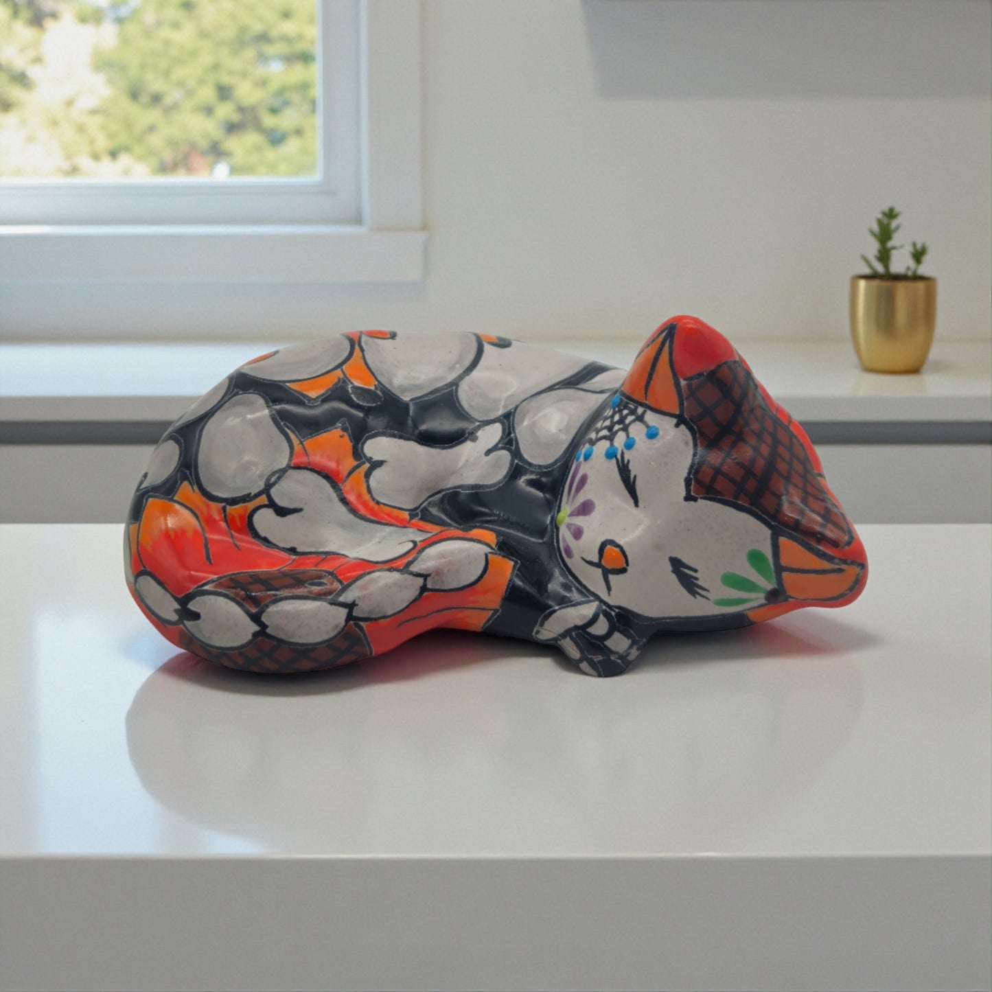 Talavera Sleeping Cat Figurine | Hand-Painted Mexican Decor