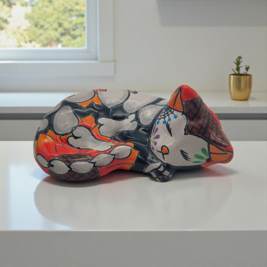 Talavera Sleeping Cat Figurine | Hand-Painted Mexican Decor