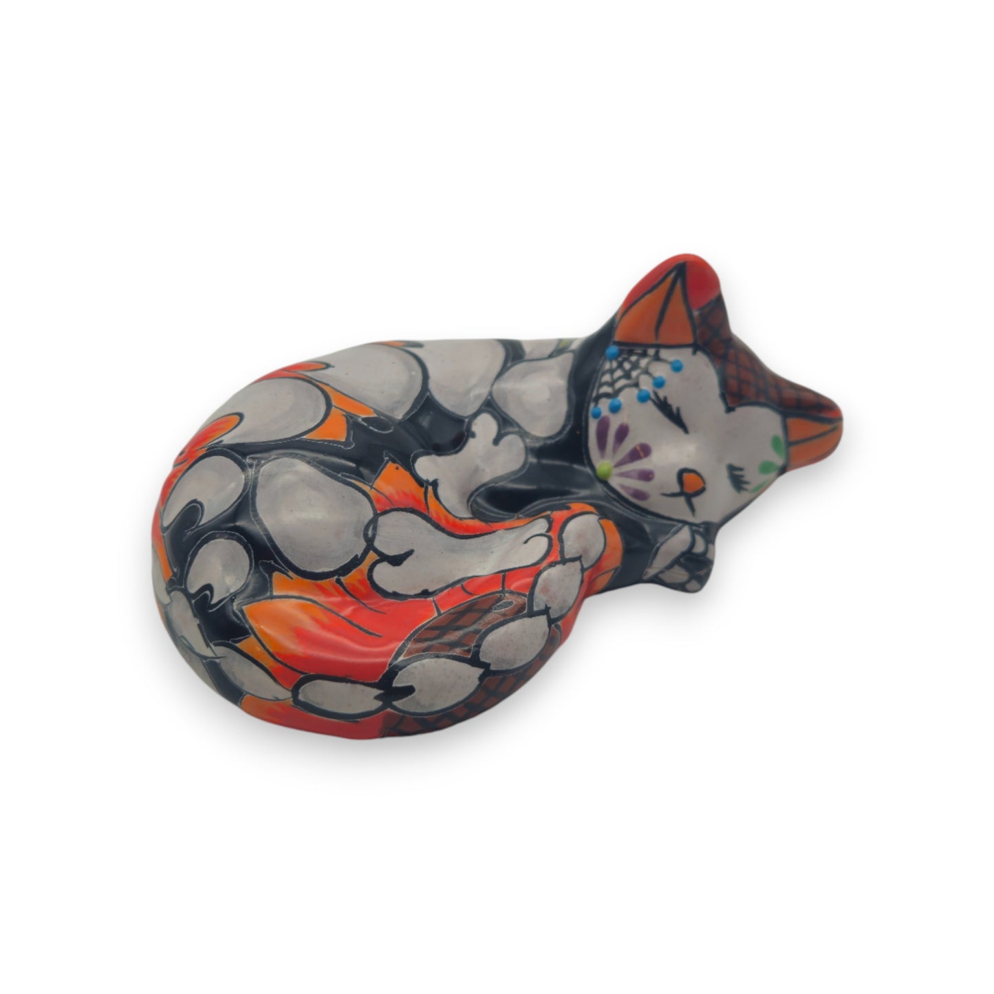 Talavera Sleeping Cat Figurine | Hand-Painted Mexican Decor