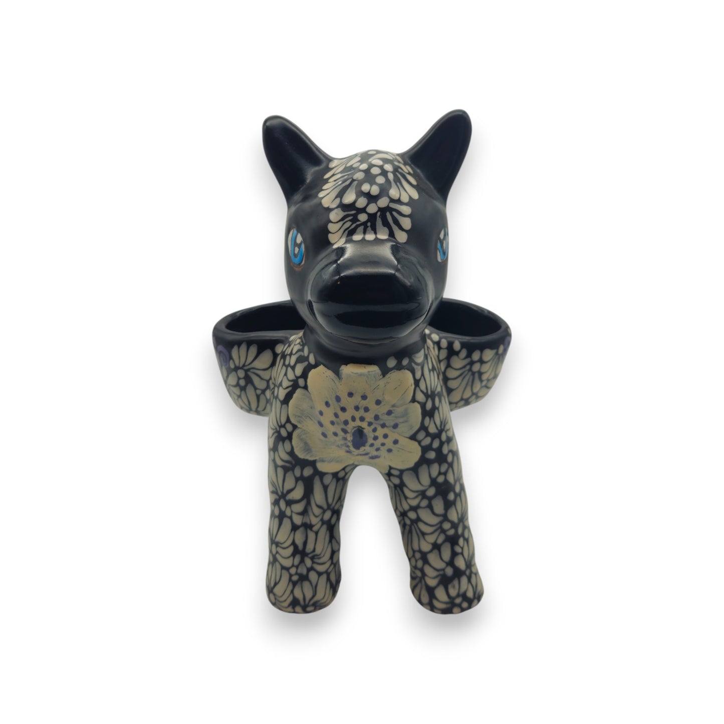 Floral Black & White Talavera Donkey Planter | Mexican Pottery