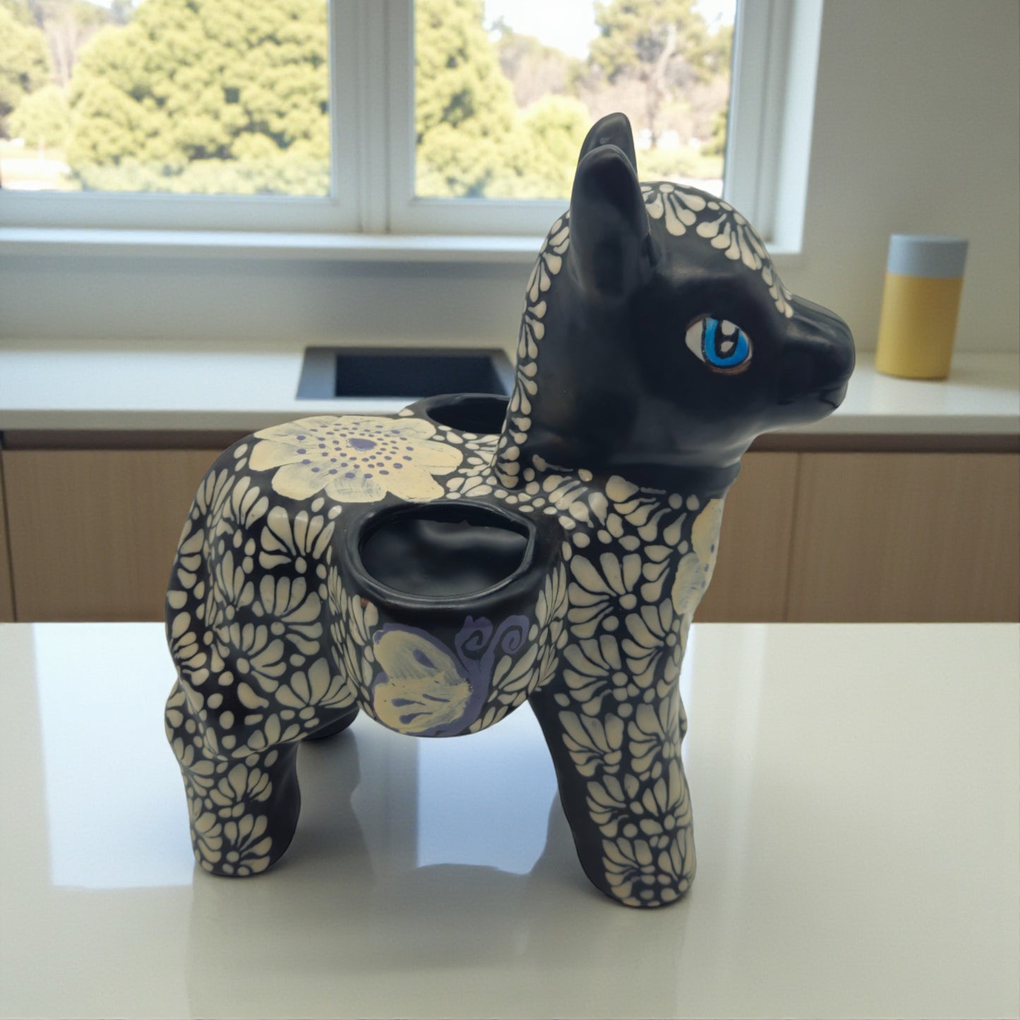 Floral Black & White Talavera Donkey Planter | Mexican Pottery
