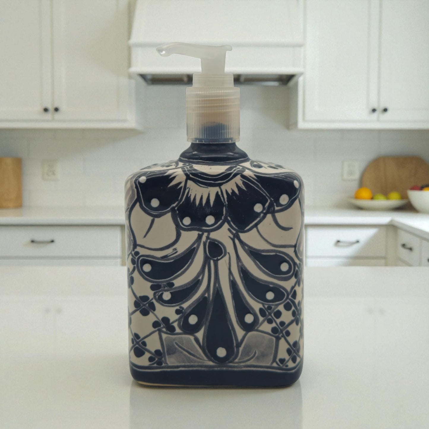 Black & White Talavera Soap Pump | Floral Ceramic Dispenser