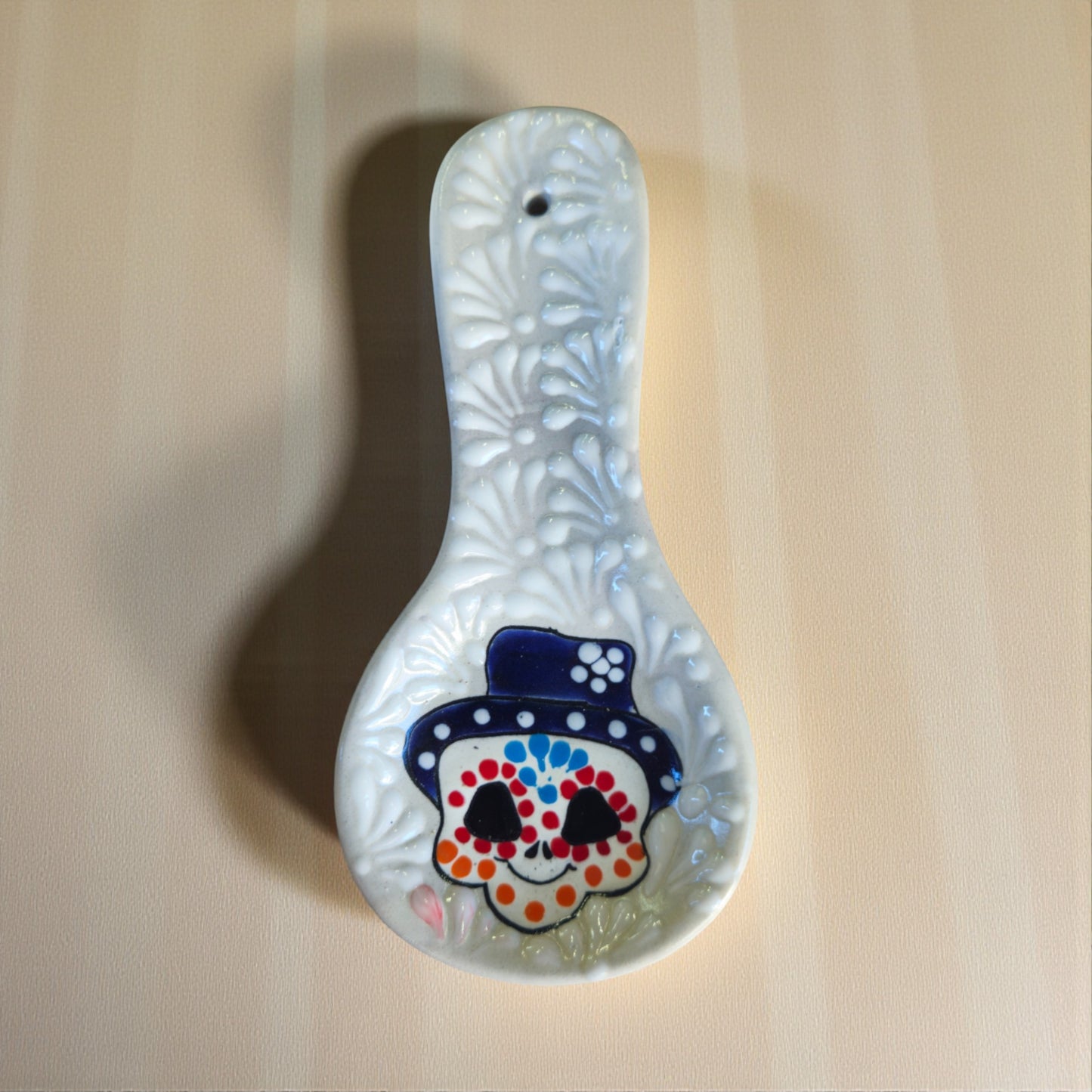 Colorful Talavera Skull Spoon Rest | Mexican Kitchen Art