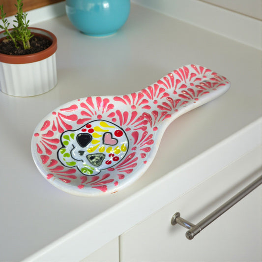 Colorful Talavera Skull Spoon Rest | Mexican Kitchen Art