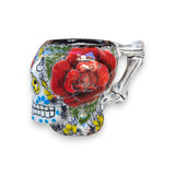 Colorful Talavera Skull Mug | Handcrafted Ceramic Coffee Cup - hand-painted skull mug with red floral motif and butterfly accent, kiln-fired lead-free glaze