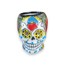 Colorful Talavera Skull Mug | Handcrafted Ceramic Coffee Cup - hand-painted skull mug with floral motifs, butterfly accent, green red yellow tones