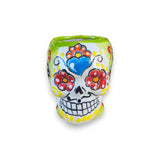 Colorful Talavera Skull Mug | Handcrafted Ceramic Coffee Cup hand-painted skull mug with floral motifs, butterfly accent and bright green, red, yellow tones