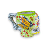 Colorful Talavera Skull Mug | Handcrafted Ceramic Coffee Cup - hand-painted green skull mug with orange butterfly and floral motifs