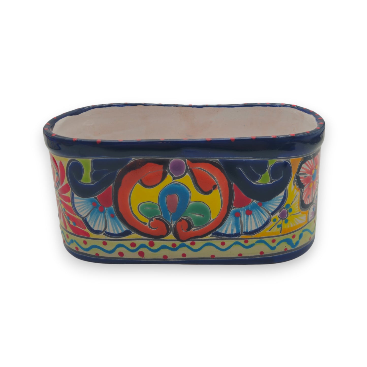 Oval Blue Rim Talavera Planter | Handcrafted Mexican Pot