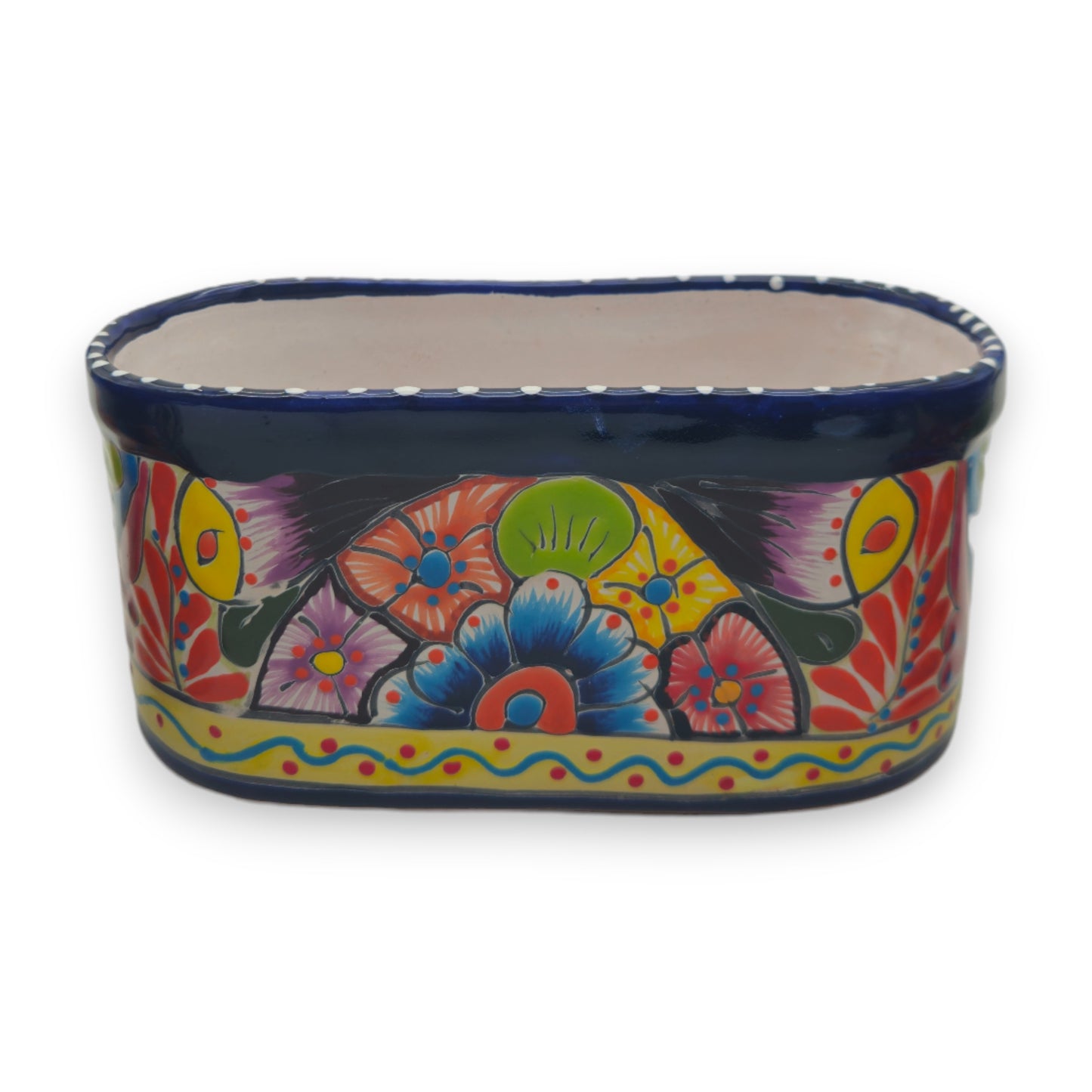 Oval Blue Rim Talavera Planter | Handcrafted Mexican Pot