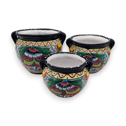 Cobalt Blue Rim Talavera Pot Trio | Small Hand-Painted Planters