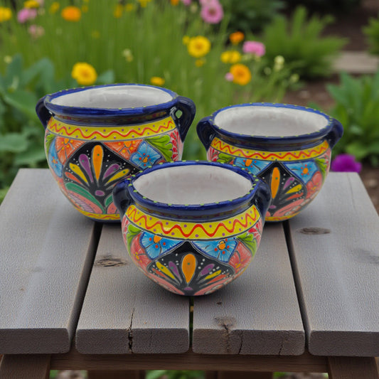 Cobalt Blue Rim Talavera Pot Trio | Small Hand-Painted Planters