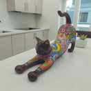 Talavera Stretching Cat Figurine | Multicolor Mexican Art - hand-painted multicolor ceramic cat stretching with floral Talavera motifs, kiln-fired glaze