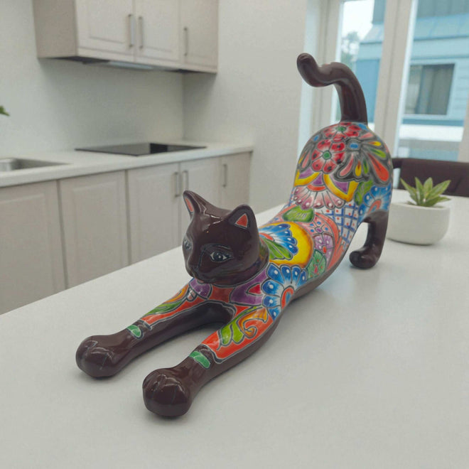 Talavera Stretching Cat Figurine | Multicolor Mexican Art - hand-painted multicolor ceramic cat stretching with floral Talavera motifs, kiln-fired glaze